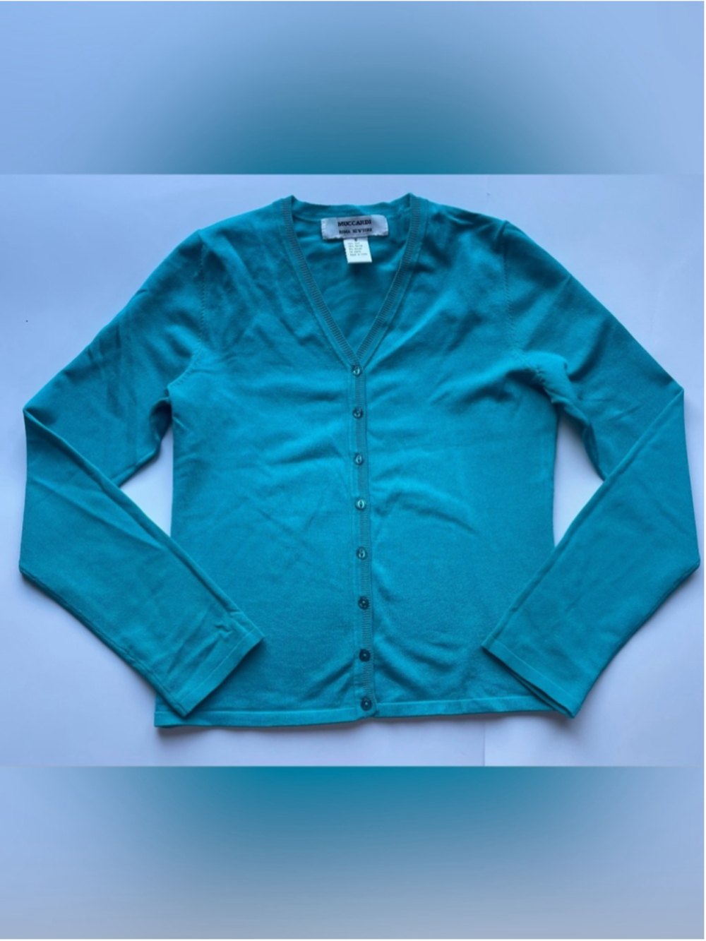 Muccardi Silk sweater Teal Cardigan Size 8 Button Front Lightweight Luxury Layer - Picture 7 of 8